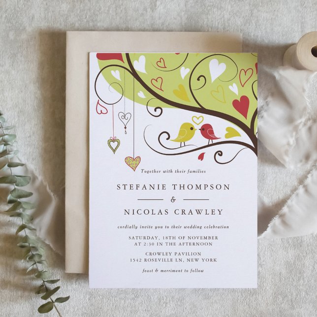 Convites Casamento de aves brancas e brancas (Yellow and Red Lovebirds Wedding Invitation)