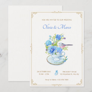 Convites Casamento de aves buquês de flor azul