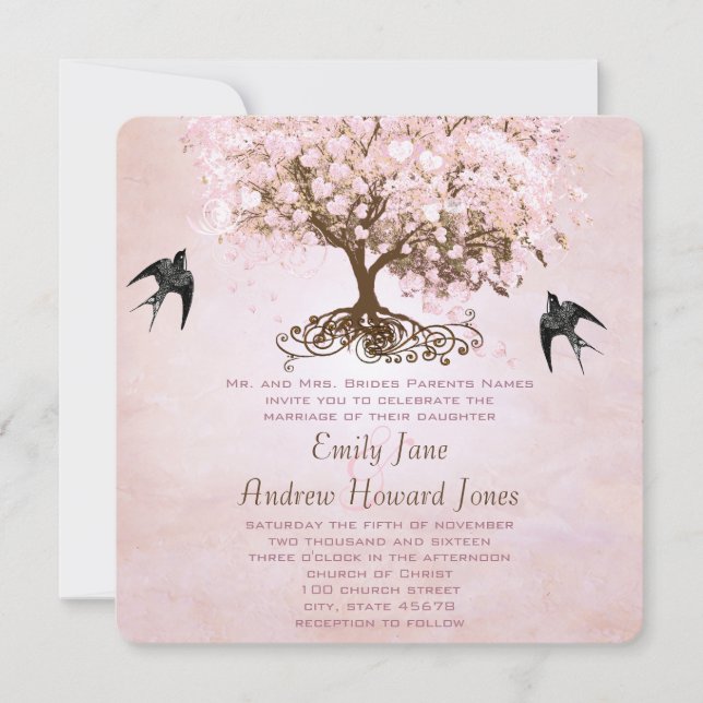 Convites Casamento de aves com amor de folha de cor rosa (Frente)