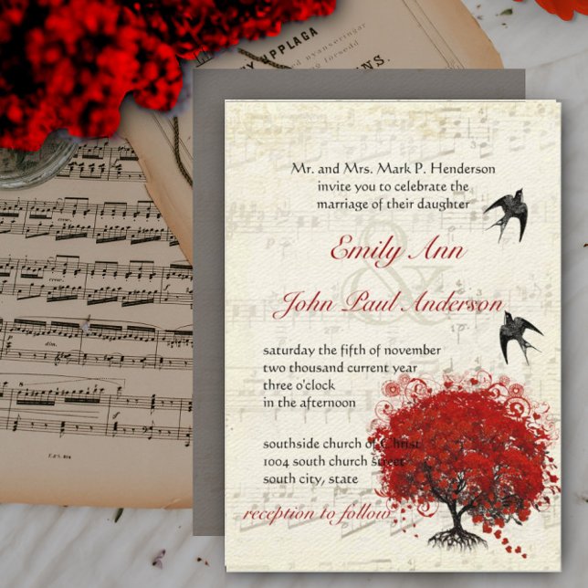 Convites Casamento de Aves da Árvore Vermelha Folha de Cora (Criador carregado)