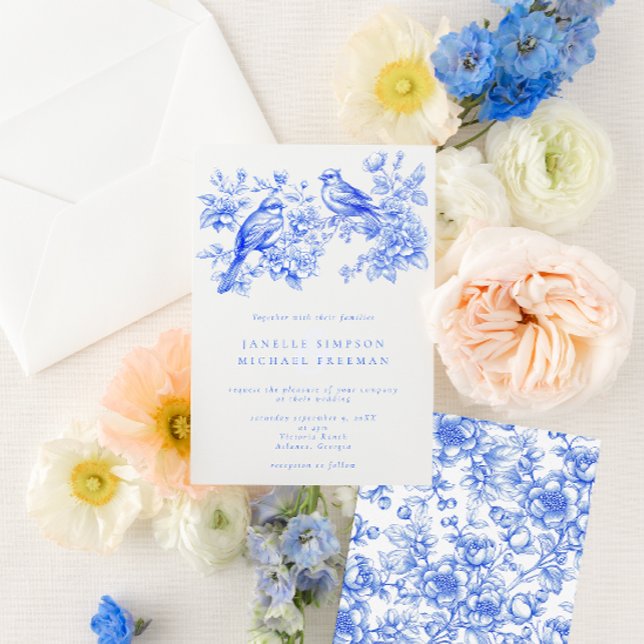 Convites Casamento de Aves de Amor com Chinoiserie Azul (Criador carregado)