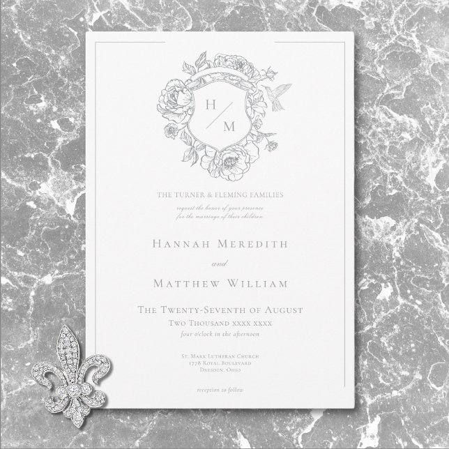 Convites Casamento de aves de capoeira e de repouso da Cinz (Elegant Gray Chinoiserie Bird & Crest Wedding Invitation)
