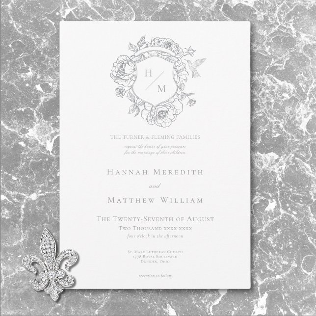 Convites Casamento de aves de capoeira e de repouso da Cinz (Elegant Gray Chinoiserie Bird & Crest Wedding Invitation)