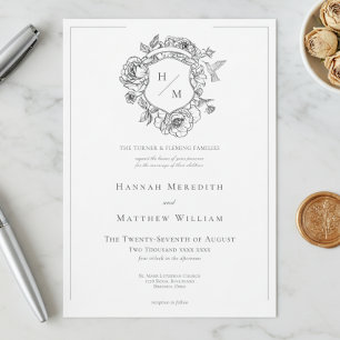 Convites Casamento de aves e crest da Chinoiserie Negra Ele