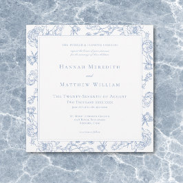 Convites Casamento de aves e crest de Chinoiserie Azul Eleg