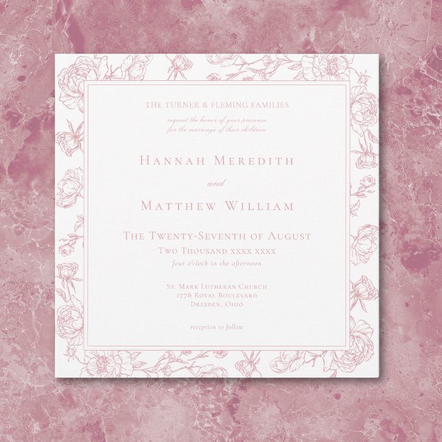 Convites Casamento de aves e crest, pintadas e pintadas (Elegant Pink Chinoiserie Bird & Crest Wedding Invitation)