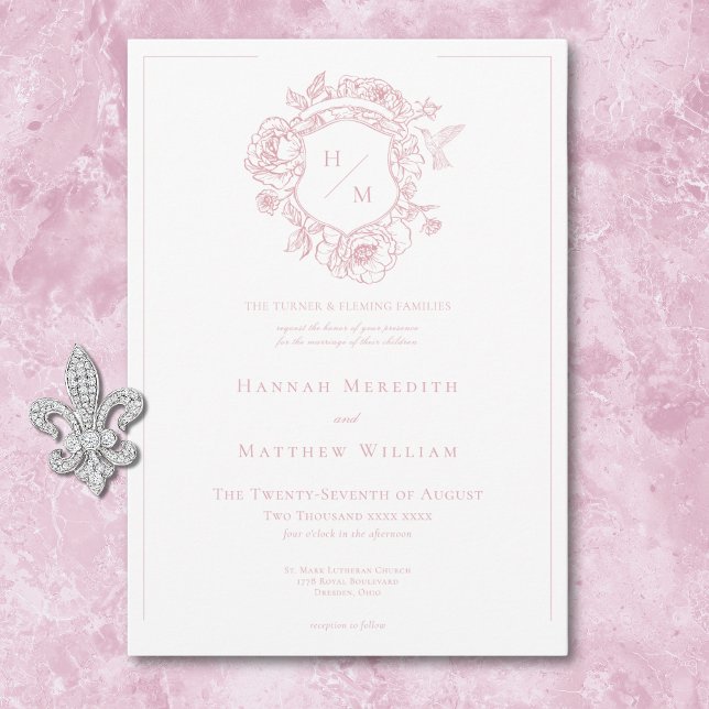 Convites Casamento de aves e crest, pintadas e pintadas (Elegant Pink Chinoiserie Bird & Crest Wedding Invitation)