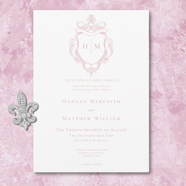 Convites Casamento de aves e crest, pintadas e pintadas (Elegant Pink Chinoiserie Bird & Crest Wedding Invitation)
