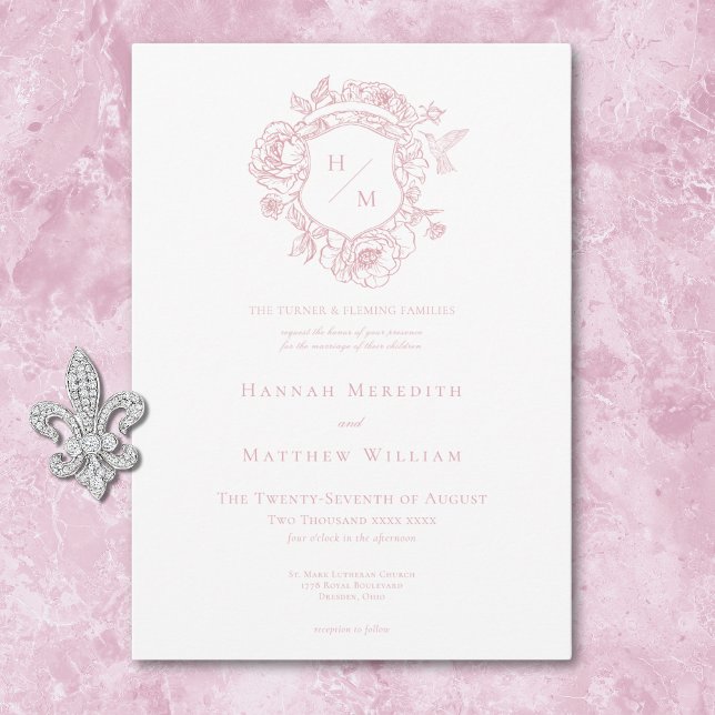 Convites Casamento de aves e crest, pintadas e pintadas (Elegant Pink Chinoiserie Bird & Crest Wedding Invitation)