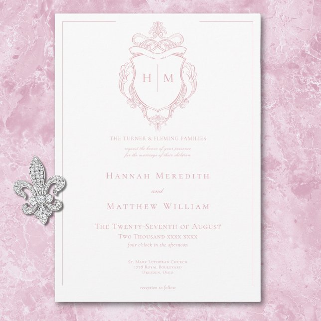 Convites Casamento de aves e crest, pintadas e pintadas (Elegant Pink Chinoiserie Bird & Crest Wedding Invitation)