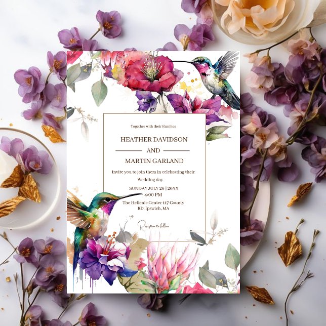 Convites Casamento de Aves Florais De Flor Primavera Roxo E (Criador carregado)