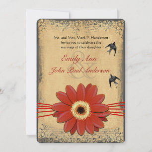 Convites Casamento de Aves Vintage, Daisy Daisy, Red Orange