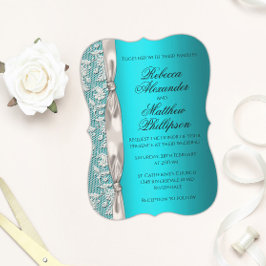 Convites Casamento de Azar Branco e Satin Ribbon Aqua