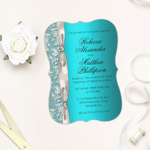 Convites Casamento de Azar Branco e Satin Ribbon Aqua