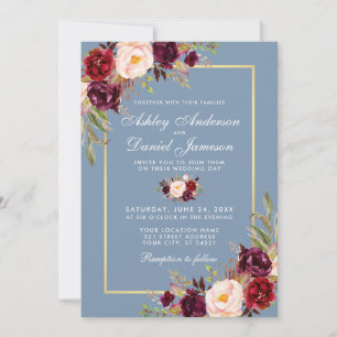 Convites Casamento de Azul com Borgonha Floral