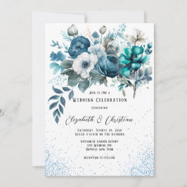 Convites Casamento de Azul e Teal Peony Glitter