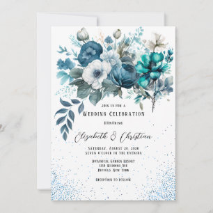 Convites Casamento de Azul e Teal Peony Glitter