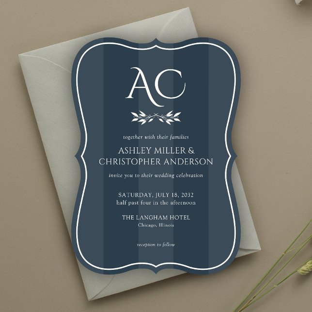Convites Casamento de Azul Indigo Striped Monograma Minimal (Criador carregado)