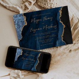 Convites Casamento de Azul Marinho Ágata Dourada em Letra d