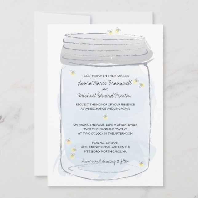 Convites Casamento de Azul Mason Jar e Fireflies (Frente)