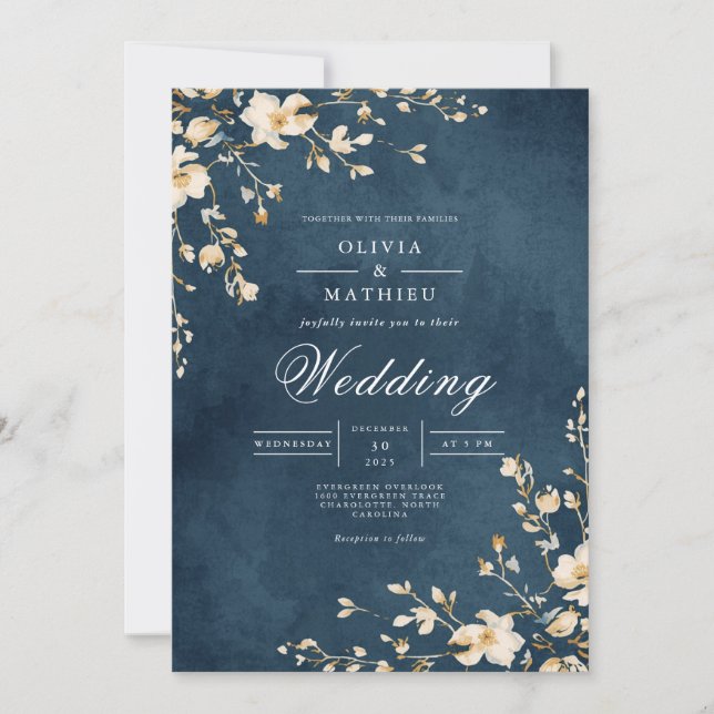 Convites Casamento de Azul-Romance com Creme Blossom (Frente)