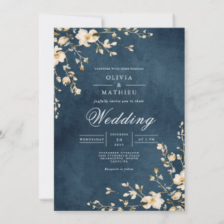 Convites Casamento de Azul-Romance com Creme Blossom