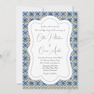 Convites Casamento de Azulejo Azul Detalhado Brilhante