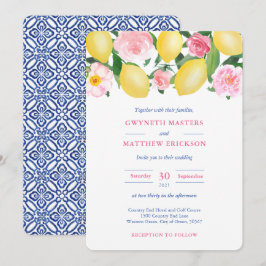 Convites Casamento de Azulejo Azul Floral Rosa Positano Lem