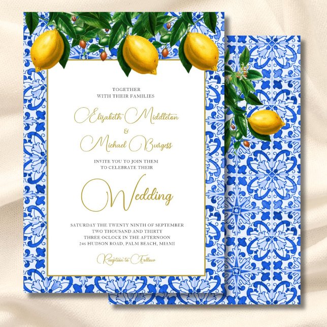 Convites Casamento de Azulejo Azul Italiano Lemon Botânico (Criador carregado)