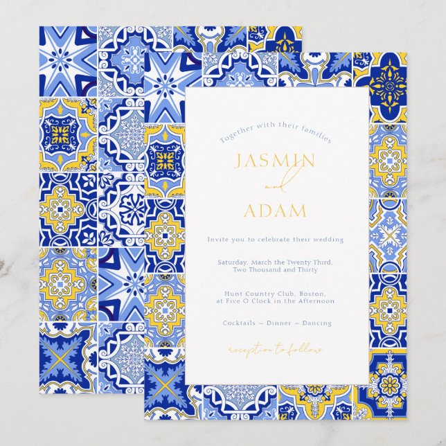 Convites Casamento de Azulejo Azul Mediterrâneo (Frente/Verso)