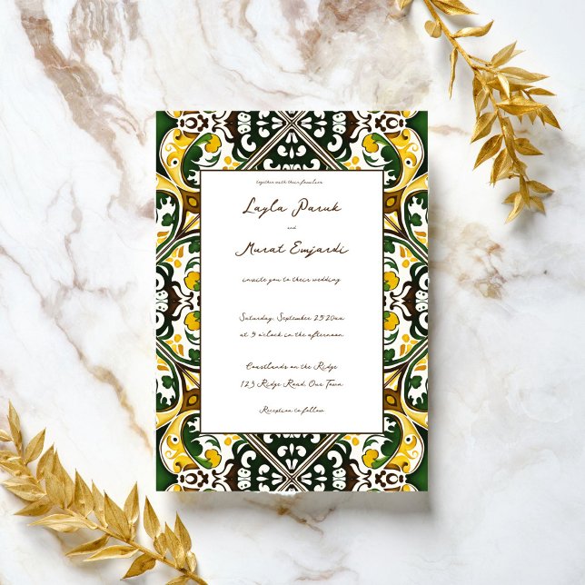 Convites Casamento de azulejo de Talavera, uma vegetação am (Green yellow vintage Mediterranean ornament tile wedding Invitation template digital download)