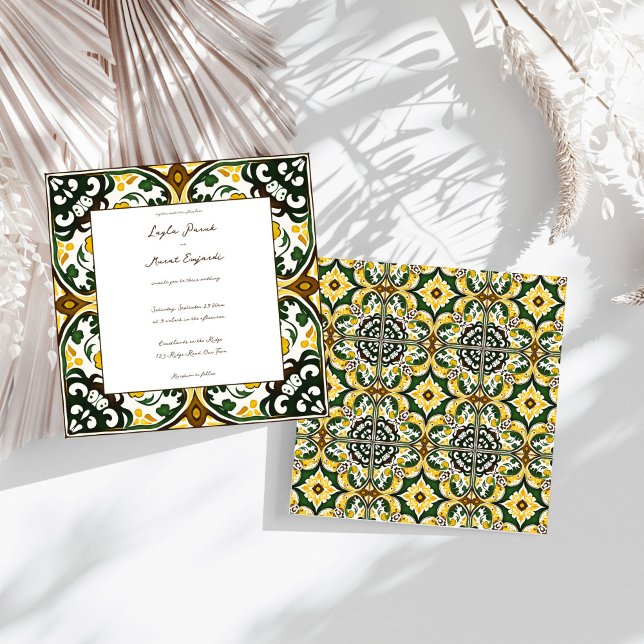 Convites Casamento de azulejo do Mediterrâneo verde-amarelo (Green yellow Portuguese Mediterranean folk art art ornate tile wedding Invitation template download)