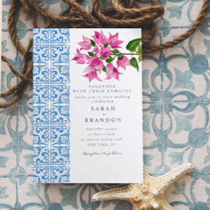 Convites Casamento de azulejos Azuis de Watercolor Bougainv