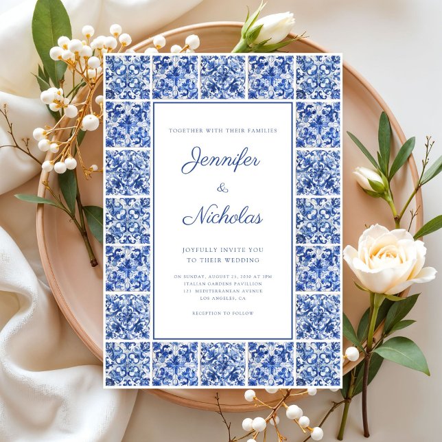 Convites Casamento de Azulejos Azuis Elegante do Mediterrân (Elegant Mediterranean Blue Tiles Wedding Invitation)