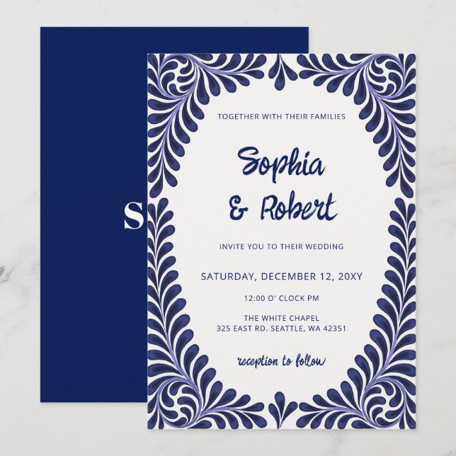 Convites Casamento de Azulejos de Talavera Azul Mexicano (Frente/Verso)