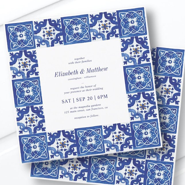 Convites Casamento de Azulejos do Mediterrâneo Azul e Branc (Criador carregado)
