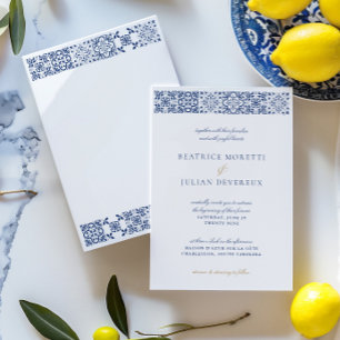 Convites Casamento de Azulejos Elegante Branco e Azul do Me