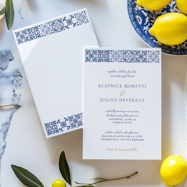 Convites Casamento de Azulejos Elegante Branco e Azul do Me (Elegant White & Blue Mediterranean Tile Wedding Invitation)
