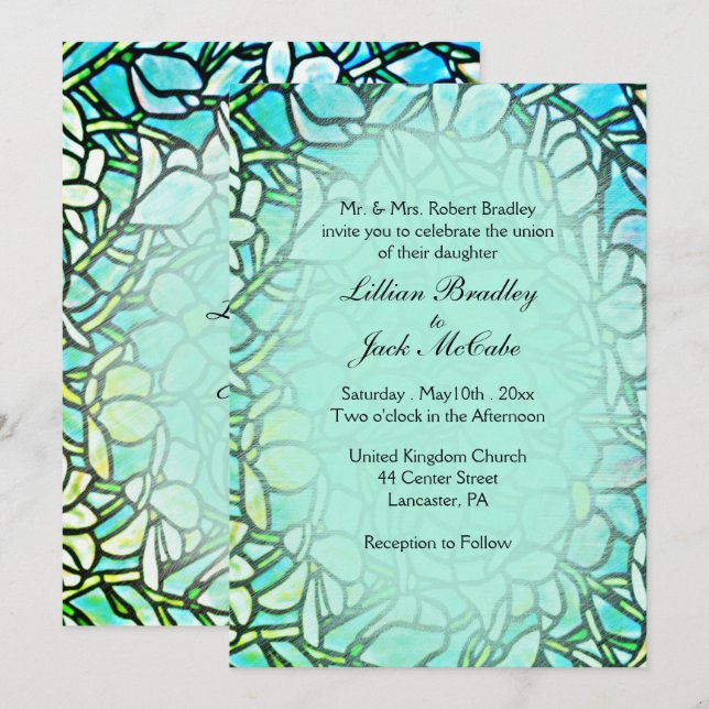 Convites Casamento de Azulejos Florais Mosaicos Verdes (Frente/Verso)