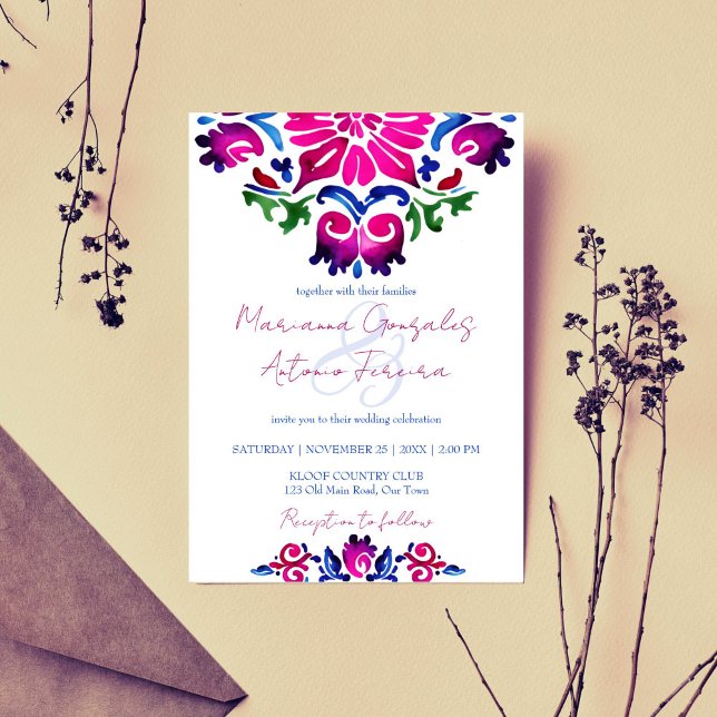 Convites Casamento de azulejos mexicanos de talavera azul r (Pink blue Mexican talavera tile wedding Invitation template digital download bold color folk pattern)
