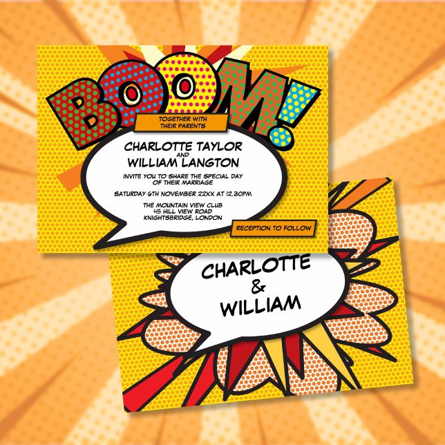 Convites Casamento de banda desenhada moderno do designer t (Modern Typographic Designer Fun Comic Wedding Invitation)