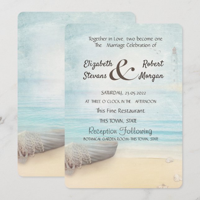 Convites Casamento de Barco de Praia com Farol (Frente/Verso)
