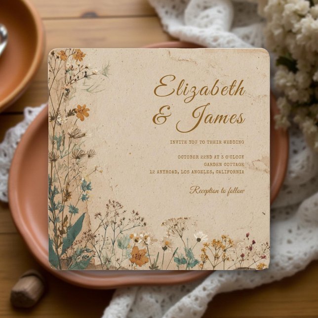 Convites Casamento de Beige Border Rustic Boho Wildflower (Criador carregado)
