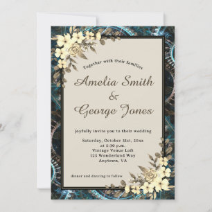 Convites Casamento de Beige e Floral Amarelo Steampunk