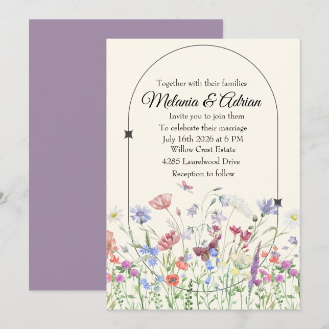 Convites Casamento de beige Roxo de Luxo (Frente/Verso)