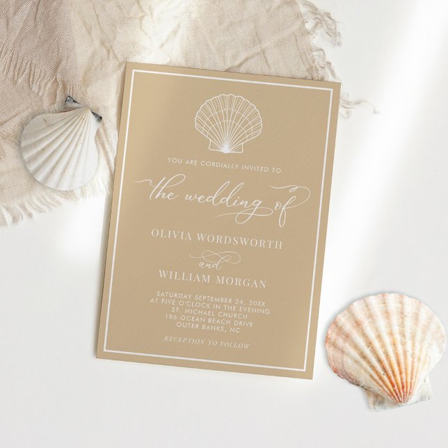 Convites Casamento de Beige Sand Elegant Beach Seashell (Criador carregado)