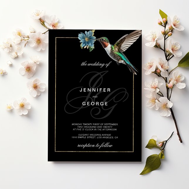 Convites Casamento de beija-flor com monograma preto (Black gold monogram initials hummingbird wedding)