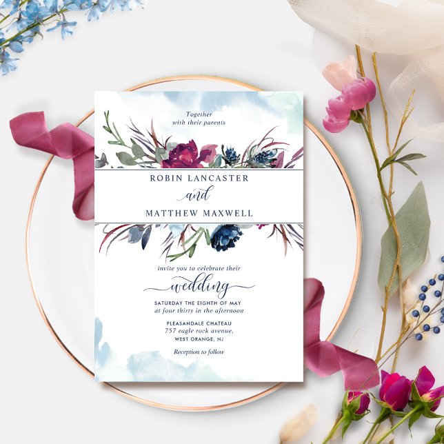 Convites Casamento de Berry Blue Floral e Watercolor (Criador carregado)