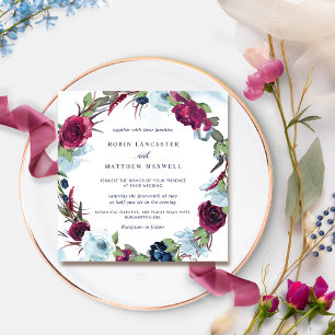 Convites Casamento de Berry Burgundy e Blue Floral Wreath