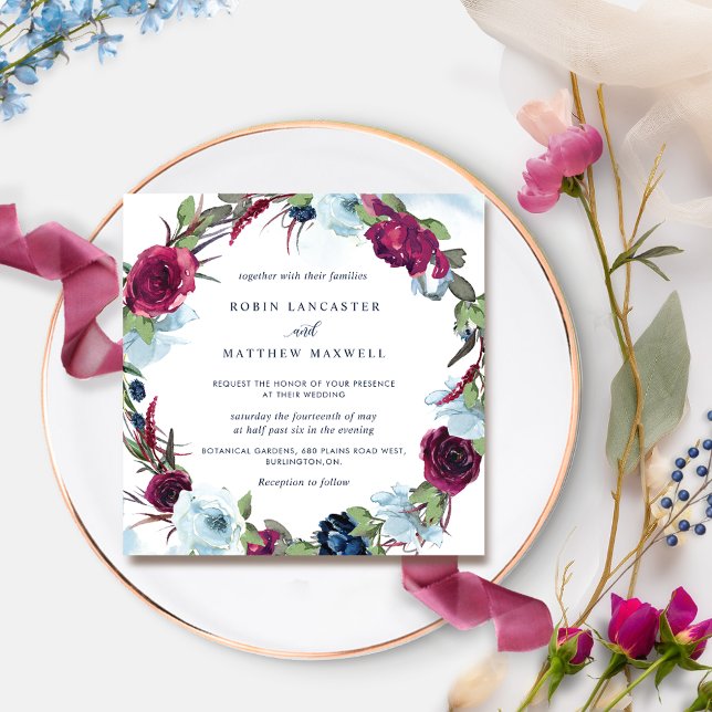Convites Casamento de Berry Burgundy e Blue Floral Wreath (Criador carregado)